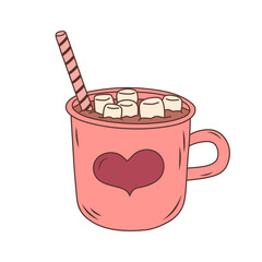 Cozy hygge mug with marshmallow and striped stick. Hand drawn illustration in doodle style.