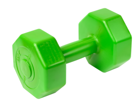 Green plastic dumbbell on a white isolated background, sports equipment