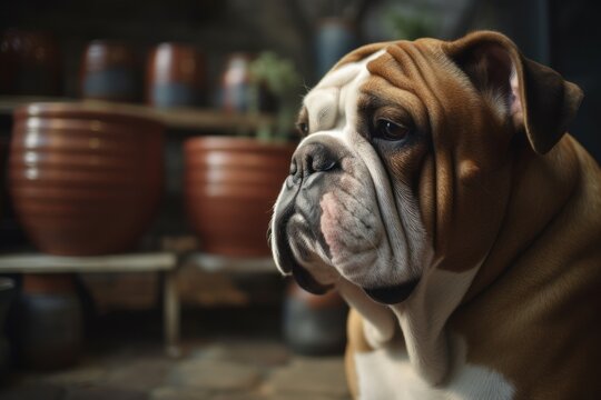 Medium shot portrait photography of a curious bulldog being at a pottery studio against farms and ranches background. With generative AI technology