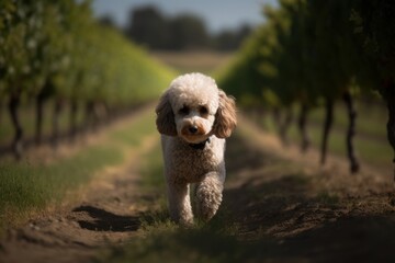 Medium shot portrait photography of a curious poodle running against vineyards and wineries background. With generative AI technology