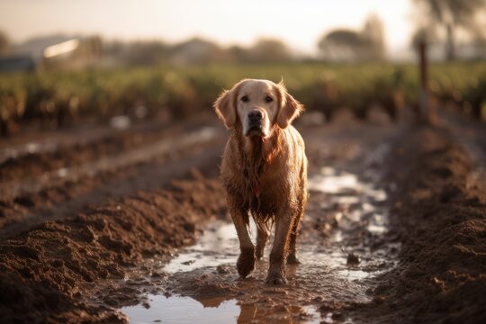 Full-length portrait photography of a scared golden retriever playing in a mud puddle against vineyards and wineries background. With generative AI technology