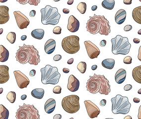 Seamless background with sea shells and pebbles.