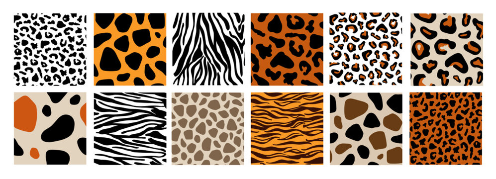 Set of animal seamless patterns. Giraffe, tiger, leopard, cheetah, zebra, jaguar print skins. Wild safari animals mammals fur texture background. Vector illustration in hand drawn flat style