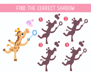 Find correct shadow. Educational puzzle game for children. Cute giraffe in circus. Color vector illustration.