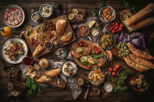 Assortment of classic Greek cuisine on wooden backdrop viewed from top. Generative AI