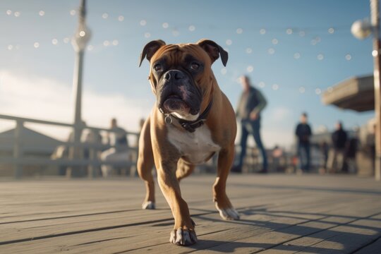 Medium shot portrait photography of an aggressive boxer dog dancing with the owner against boardwalks and piers background. With generative AI technology