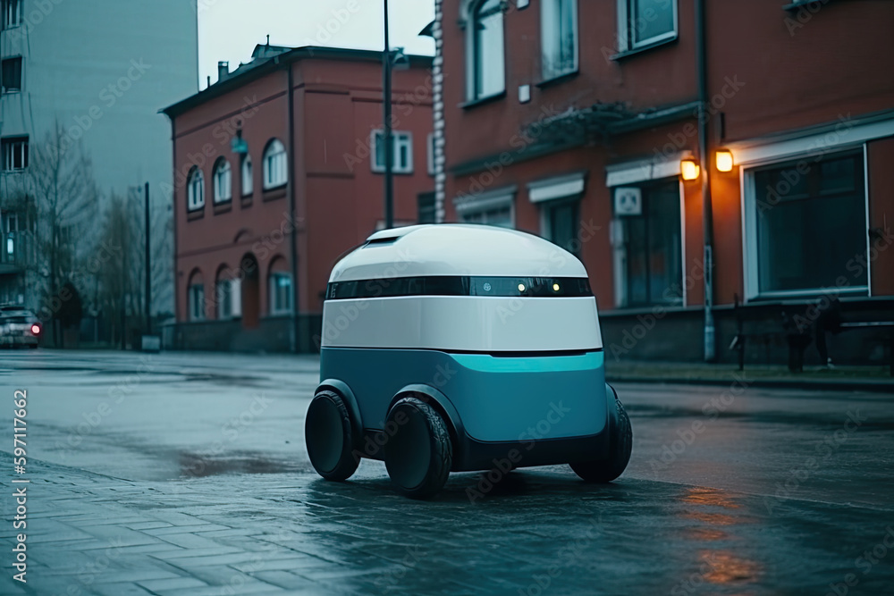 Poster Autonomous delivery robot moving alone on city street, created with Generative AI