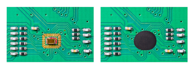 Closeup of two integrated circuits in green PCB on white background. Microchip dies attached on...