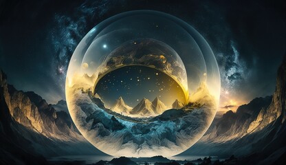 space ball with nature around, ball design with elements of the environment around, landscape