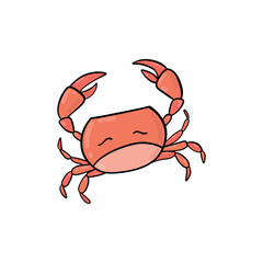 Crab character smiling with big claws on white.