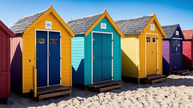 colorful huts at the beach (Generative AI)