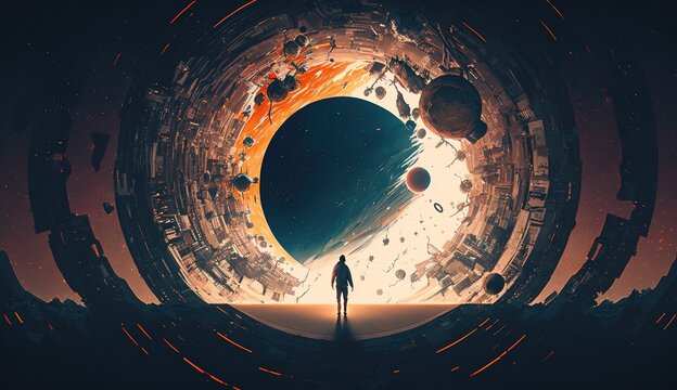 Astronaut on rock surface with space background ,astronaut walk on the moon wear cosmosuit. future concept, Astronaut on foreign planet in front of spacetime portal .