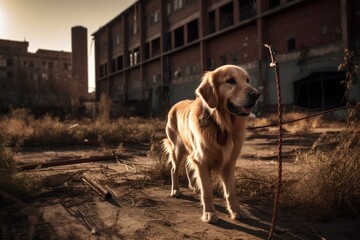 Full-length portrait photography of an aggressive golden retriever holding a leash in its mouth against abandoned buildings and ruins background. With generative AI technology