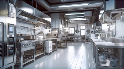 Obraz premium Industrial massive central kitchen. Generative AI