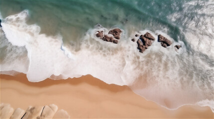 breathtaking drone view of the coast with waves, blue sea and creating a captivating summer travel