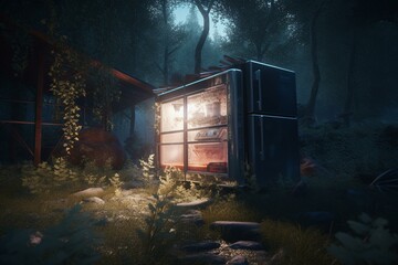 A glowing fridge stands outdoor, cornered in a room. Generative AI