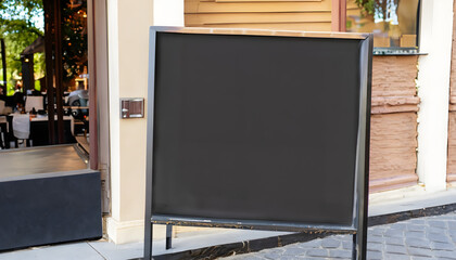 Fototapeta na wymiar Signboard, freestanding A-frame blackboard, Cafe menu on the street. Blackboard sign mockup in front.