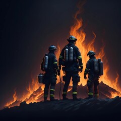 Fototapeta na wymiar Firefighters with a burning city in the background, generative Ai art illustration
