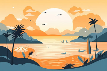 Fototapeta na wymiar summer landscape illustration consisting of palm tree and a tropical beach in sunset light. Ai generative