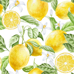 Lemons with green leaves and flowers seamless pattern, repeating background.