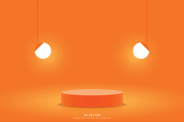 Minimal scene with orange 3d cylinder podium or round stage for show product realistic and sphere light bulb hanging. Empty orange color scene. 3d vector rendering design. clean 3d studio room.