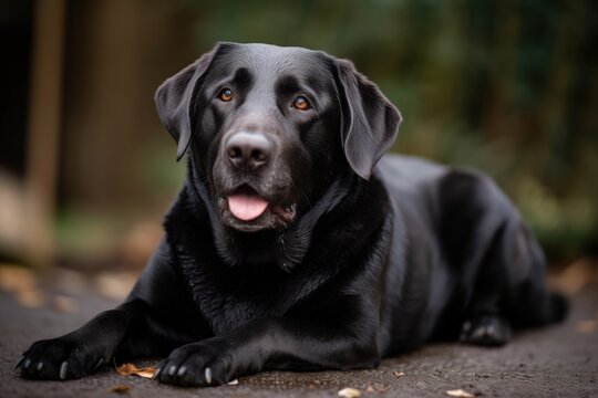 Full-length portrait photography of a happy labrador retriever lying down against dog parks background. With generative AI technology