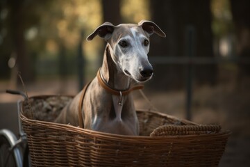 Full-length portrait photography of a curious greyhound riding in a bicycle basket against dog parks background. With generative AI technology