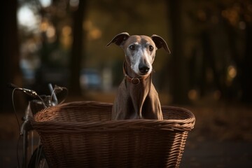 Full-length portrait photography of a curious greyhound riding in a bicycle basket against dog parks background. With generative AI technology