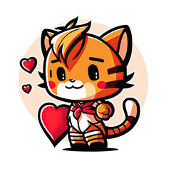 Fototapeta na wymiar Cute cartoon tiger with a heart, cutout children book illustration sticker, with a hearts in background, AI Generated