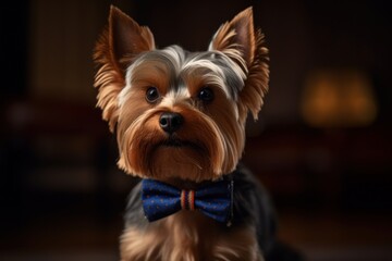 Naklejka premium Studio portrait photography of a happy yorkshire terrier wearing a bow tie against public plazas and squares background. With generative AI technology