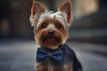 Studio portrait photography of a happy yorkshire terrier wearing a bow tie against public plazas and squares background. With generative AI technology