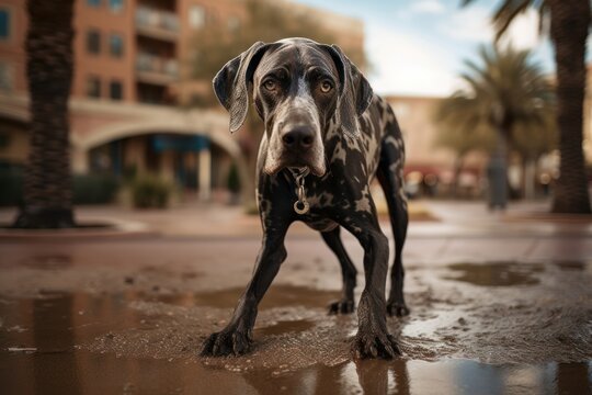 Full-length portrait photography of a curious great dane playing in a mud puddle against public plazas and squares background. With generative AI technology