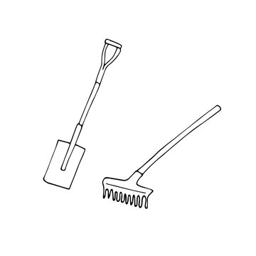 hand drawn garden rake and garden spatula,vector illustration isolated on white background