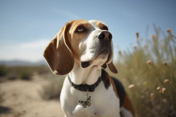 Medium shot portrait photography of a happy beagle having a butterfly on its nose against desert landscapes background. With generative AI technology