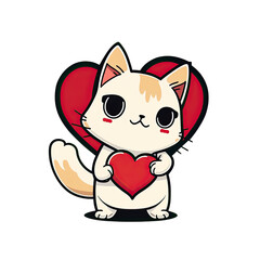 Cute cartoon cat holding a heart, cutout children book illustration sticker, with a hearts in background, AI Generated