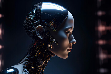 3d rendering of a female robot isolated on black background. Futuristic artificial intelligence.