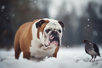 Obraz premium Group portrait photography of an aggressive bulldog being with a pet bird against snowy winter landscapes background. With generative AI technology