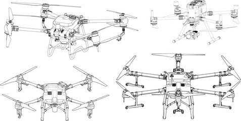 Drones Quadcopter FPV. Vector Outline. Drone Vector Isolated. White Background.
