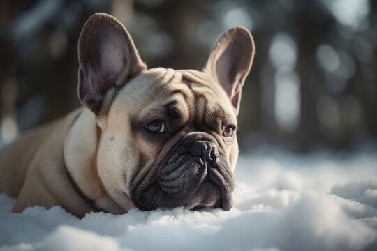 Lifestyle portrait photography of an aggressive french bulldog lying down against snowy winter landscapes background. With generative AI technology