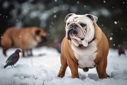 Group portrait photography of an aggressive bulldog being with a pet bird against snowy winter landscapes background. With generative AI technology