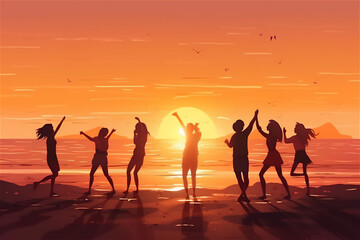 friends enjoying the beach at sunset, with the silhouettes running towards sea having fun together