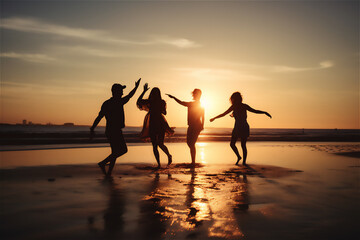 silhouettes of a group of young people running towards sea at sunset, having fun and enjoying beach