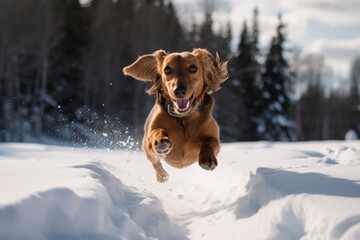 Medium shot portrait photography of a happy dachshund jumping against snowy winter landscapes background. With generative AI technology