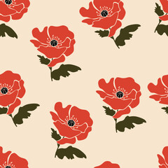 Seamless pattern with red poppy flowers. Vector illustration of a red flower.