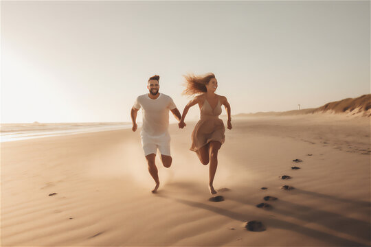 young couple having a great time on the beach, holding hands and running towards the sea in sunset
