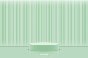 Naklejka na ściany i meble Abstract 3d green cylinder podium pedestal stage realistic with luxury curtain background. Stage for show product, mockup or template. 3d vector rendering. design for product placing or promoting.