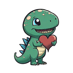 Fototapeta premium Cute cartoon dinosaur holding a heart as a gift, cutout sticker illustration for children books or romantic letter, AI Generated