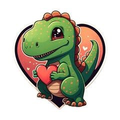 Obraz premium Cute cartoon dinosaur holding a heart as a gift, cutout sticker illustration for children books or romantic letter, AI Generated