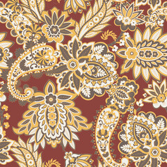 Floral seamless pattern with paisley ornament. illustration in asian textile style - 597120469