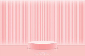 Naklejka na ściany i meble Abstract 3d pink cylinder podium pedestal stage realistic with luxury curtain background. Stage for show product, mockup or template. 3d vector rendering. design for product placing or promoting.